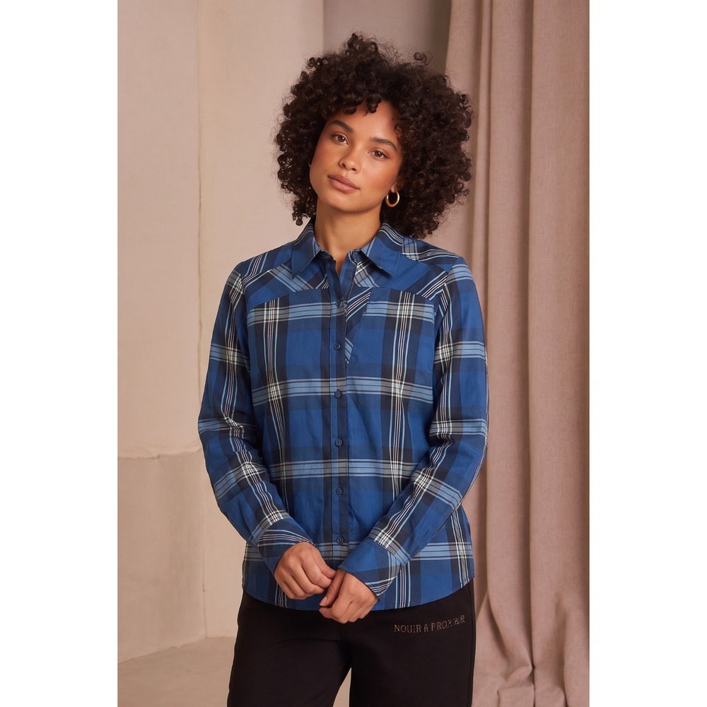 Ascend Women's Blue Plaid Hiking Shirt Medium Stretch Outdoor Zip Pocket Travel